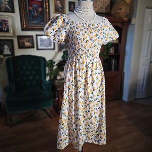 Ana & Rose Lemon Print Smocked Puff Sleeve Midi Dress Women's Size M